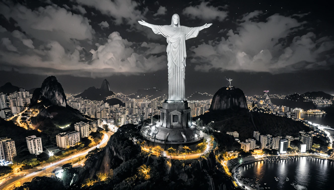 Reality,4K,8K, Vibrant and colorful night scenery ,Brazil,Rio de Janeiro,Christ the Redeemer ,grayscale