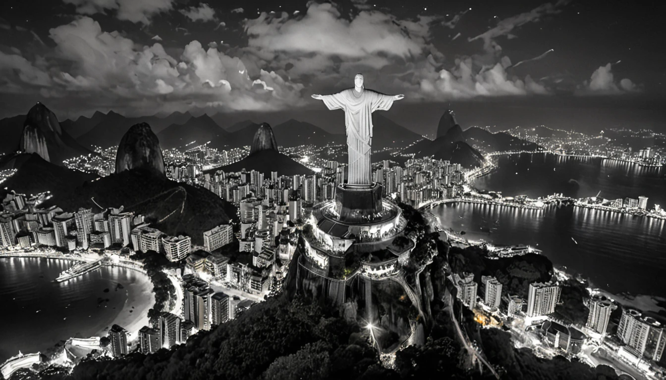 Reality,4K,8K, Vibrant and colorful night scenery ,Brazil,Rio de Janeiro,Christ the Redeemer ,grayscale