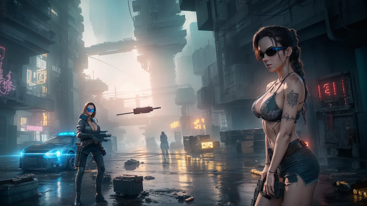 Close-up, a beautiful French woman, tattered clothes, wild long hair, tattered clothes , cleaveage, action movie scene, Dystopian Dinner Cinematic Blade Runner, natta, busy with neon signs, blade runner aesthetics,  film cinematography, gangue trash, attractive person, High emphasis on detail, wearing weather technology equipment, gangue trash, full of life, gangue trash, action movie shot by Kon Satoshi, style semi impasto, dark ink, Atmospheric, Ablaze, lighting dramatic, Beautiful  eyes, symmetric eyes, perfects eyes. Matrix style, (((Matrix cascading code))), (((a futuristic twin tower skyscraper with a unique twisted design))), (((OLED GUI interfaces in the building))), at night, (((((1girl, solo))))), photo realistic, (((((((large-breast:1.2 slim body, cleavage:1.4))))))), (((((off broken mini sling-shirt and black sling , extreamly short pleated  exposing ))))), (((((running pose))))), (((((((matrix style black micro sunglasses))))))), ((((((((((aiming with a short gun)))))))))), (((((looking at camera))))), (((very low view))), (((((half-body thigh level medium shot))))), (((cinematic lighting))).