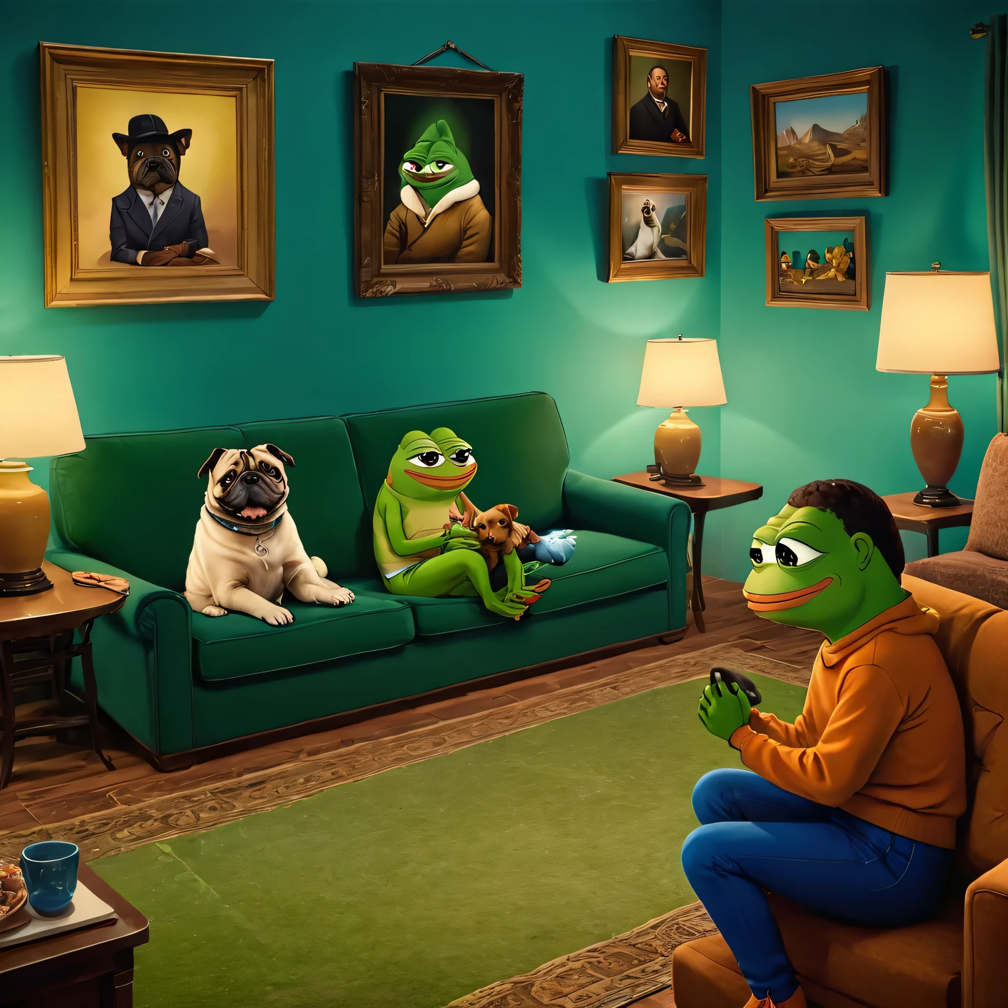 (pepe the frog cartoon of a group of people sitting on a couch with a dog, modern cartoon tv show), (4k, 8k, cinematic, spotlight lighting, extreme detail, ultra quality, HD, high definition, HDR, high dynamic range, octane render, Masterpiece, best quality, colorful, 8k wallpaper, Volumetric Lighting, best shadows, crisp clear ultra definition, hyper realistic realism)
