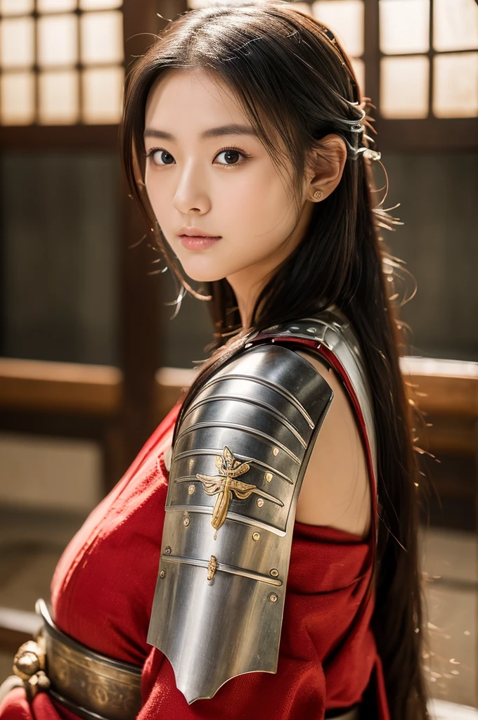 Medieval Japan, (8K, Raw-Foto, best quality, masterpiece:1.2),(realisti, foto realisti:1.4),(Hochdetailliertes CG Unity 8K-Hintergrundbild),(round face: 1.5), (detailed student:1.3),beautiful woman ,(boy, but very beautiful 25-year-old Korean, whole upper body, medieval Japanese estate, dressed in samurai armor, Cool eyes, relaxed look, , Looking forward,looking at the camera,Unforgettable eyes,The eyes are so beautiful.) samurai armoury