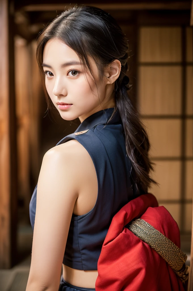 Medieval Japan, (8K, Raw-Foto, best quality, masterpiece:1.2),(realisti, foto realisti:1.4),(Hochdetailliertes CG Unity 8K-Hintergrundbild),(round face: 1.5), (detailed student:1.3),beautiful woman ,(boy, but very beautiful 25-year-old Korean, whole upper body, medieval Japanese estate, dressed in samurai armor, Cool eyes, relaxed look, , Looking forward,looking at the camera,Unforgettable eyes,The eyes are so beautiful.) samurai armoury