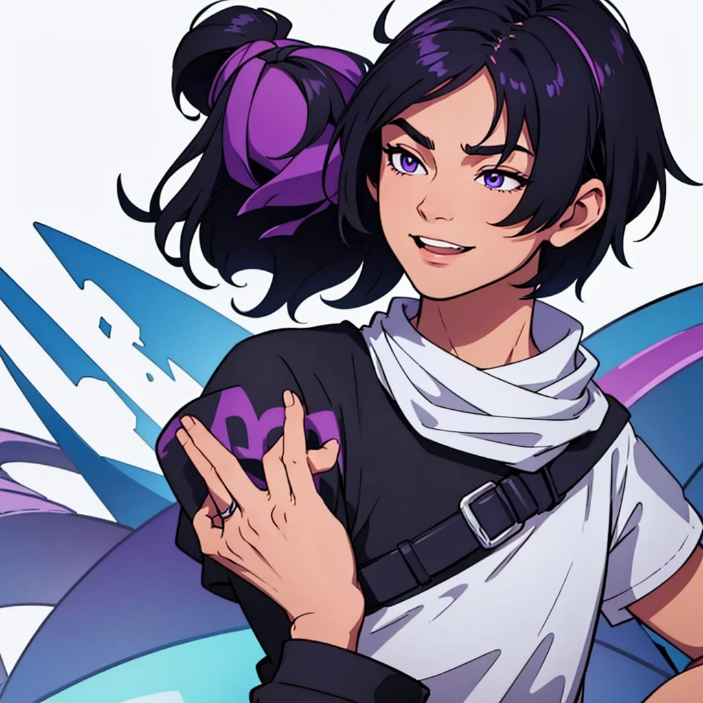 full face visible, looking towards camera, looking forward, short black hair, highres, high resolution, masterpiece, wide purple eyes, talking, neutral face, confident, masterpiece, best quality, highres, 1 man, 1 person, 1 entity, Baro Shoei blue lock, extremely short hair, black hair, short hair, teenager, colorful hair, light background, full body, teenager, colorful parts, symbols, dark , bold, realistic mixing dark lines and loose lines, bold lines, on paper, human man, full body, imposing pose, stylish outfit, dark theme, handsome, attractive, boastful, standing, male, sharp chin, wide jaw, square face, white background, highres, high resolution, masterpiece, full face visible, looking towards camera, looking forward, talking, speaking, mouth open, laughing, laughing a lot, smiling, happy, eyes closed, eyes shut, eyes gone, both eyes closed , both eyes gone, both eyes disappeared