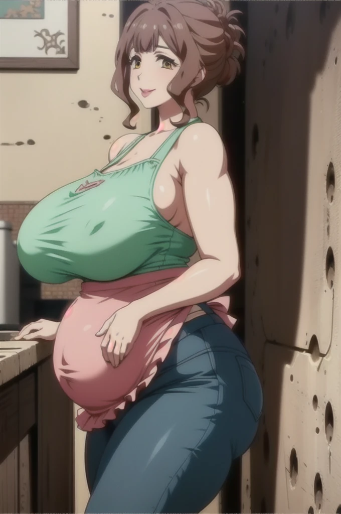 mejor calidad: 1.0), (súper alta resolución: 1.0), 1girl, mature female,long pink hair, housewife, chubby belly, tall,apron, green shirt, blue jeans, red lipstick, prominent lips, gentle smile, Big breasts, saggy breasts, curvy, Big ass, kitchen