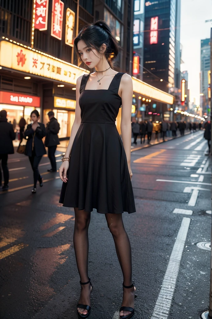 (((best quality))),(((ultra detailed))),(((masterpiece))),illustration,1girl,slim,vibrant cotton pink dress,short ponytail,flat chest,pantyhose,standing, bustling city streets, honking cars,surrounded by crowded crowds, colorful advertisements,enjoying sights and sounds,(dark black skin:1.5),(day scene:1.3),full body,arms behind back,sunshine,slender legs,sandals,sunshine