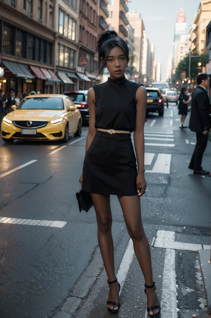 (((best quality))),(((ultra detailed))),(((masterpiece))),illustration,1girl,slim,vibrant cotton pink dress,short ponytail,flat chest,pantyhose,standing, bustling city streets, honking cars,surrounded by crowded crowds, colorful advertisements,enjoying sights and sounds,(dark black skin:1.5),(day scene:1.3),full body,arms behind back,sunshine,slender legs,sandals,sunshine