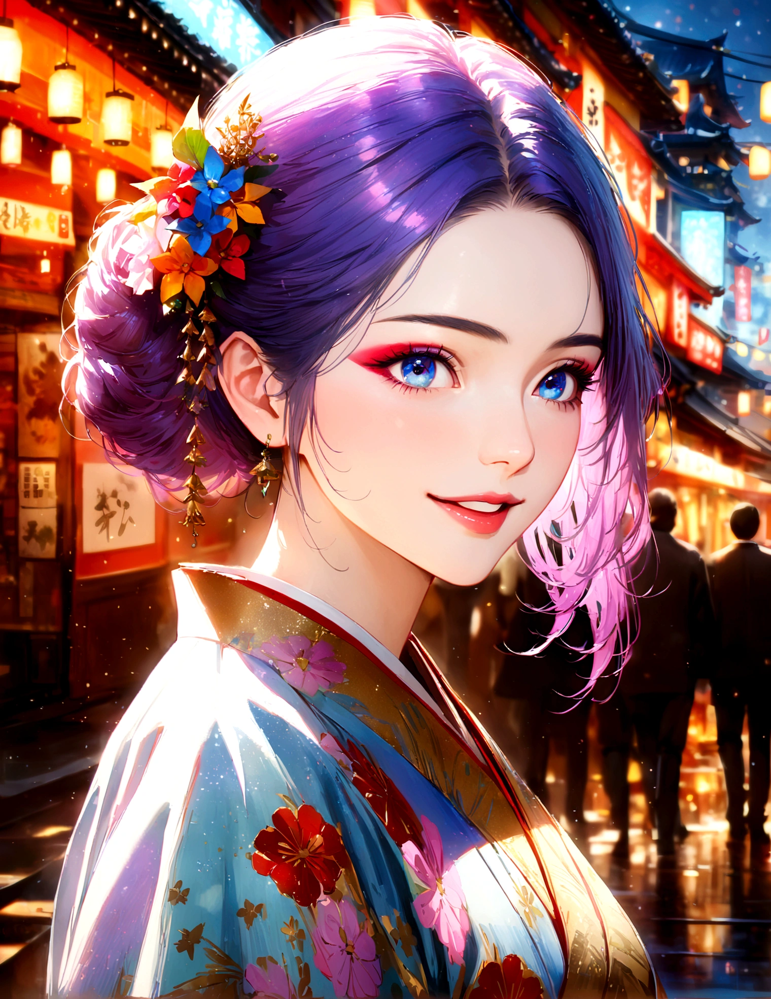 Kyoto cityscape, kimono,Maiko makeup,Blur the background,young woman,smile,Glitter effect,Highest quality,8K, High resolution, masterpiece:1.2, Very detailed, Realistic:1.37, High resolution, 超High resolution, Ultra-fine painting, Very detailedな, Vibrant colors