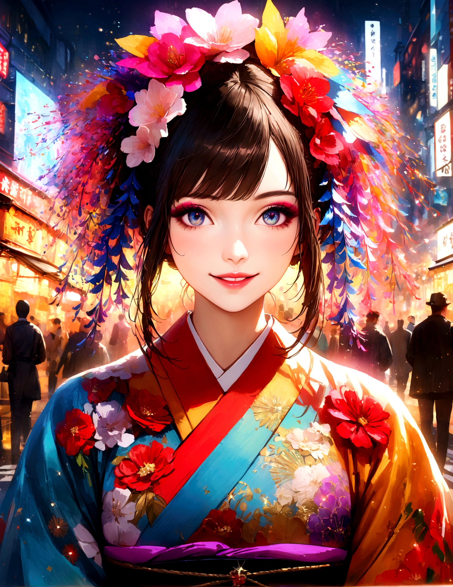 Kyoto cityscape, kimono,Maiko makeup,Blur the background,young woman,smile,Glitter effect,Highest quality,8K, High resolution, masterpiece:1.2, Very detailed, Realistic:1.37, High resolution, 超High resolution, Ultra-fine painting, Very detailedな, Vibrant colors