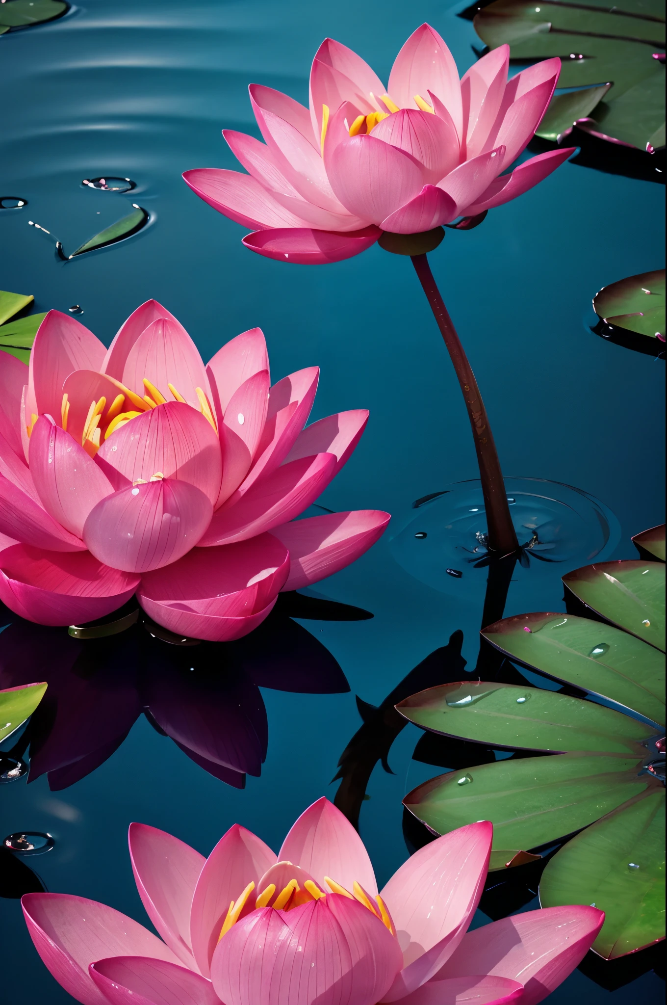 Stunning photography of a huge deep bright  pink lotus made by cryestal .with cryestal effect . on a cryestal blue lake .water drops on flower .3d render full screen 