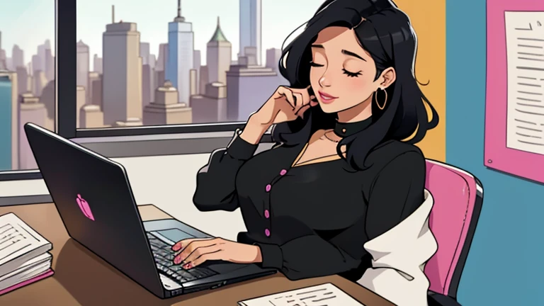 In the background there are many desks and people, Beautiful black-hair woman in her 30s sitting pink chair in an spacious and colorful office. looking down and closing her eyes, relaxed atmosphere, cozy, LOFI girl, blouse, desk, documents, laptop, pen, watch, smartphone, stationery, wide glass window, only five fingers, New York, colorful, can see skyscrapers outside the window, colorful wall, pierced earrings, ring, cabinet, offee cup, Well-proportioned face,