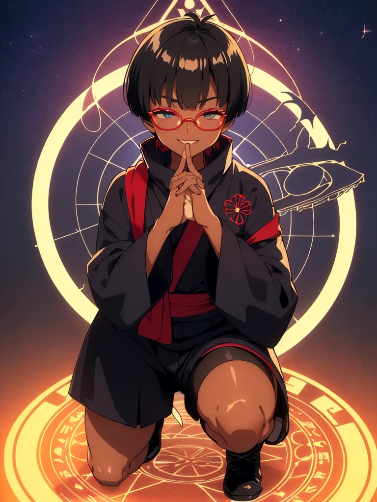 (flat chest:), (masterpiece:1.2), highest quality, High resolution, unity 8k wallpaper, (fine and beautiful eyes:1.6), highly detailed face, perfect lighting, Detailed CG, (perfect hands, perfect ), (1 boy solo:1.4), 20 years old, black hair, extremely beautiful detailfeminine face and eyes, (evil smile:1.4), detailed eyes, best quality,( dark skin:1.8), (turtleneck shirt under yukata:1.2), (bike shorts:1.2), extremely detailed, very precise detailed, (glasses:1.3), blunt bangs, open mouth, (very short pixie cut:1.2), boots,fingerless gloves, smile, (half closed eyes:1.5),(burning ground:1.3), ,(magic circle on head:1.3) ,night sky,long sidelocks,(long red Scarf),(yukata),(squatting), ears,(acrobat pose:1.3),(squat:1.3),leaning forward,(one knee dwon:1.5),(Put one foot in front:1.3),(stylish pose:1.4),(Raise only index finger:1.1),(Joining hands:1.5),(retro artstyle:1.2), (1990s \(style\)),
