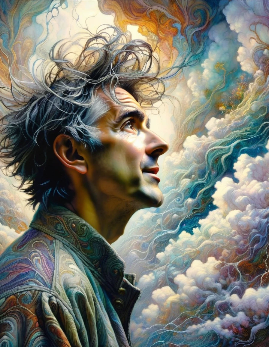 a man looks in amazement at a cloud (art inspired by Brian Froud and Carne Griffiths and Wadim Kashin, intricate details, oil painting)