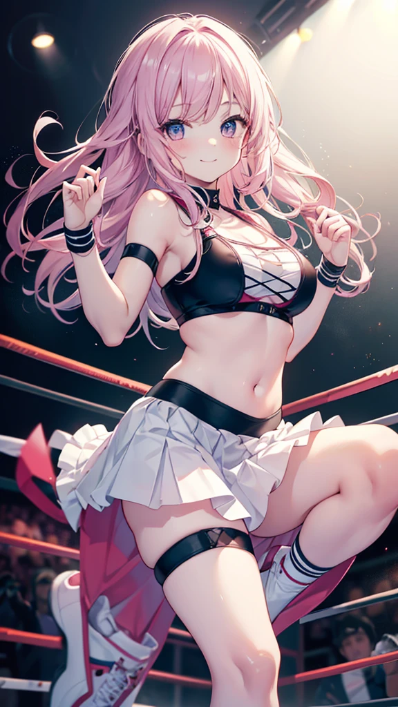 Cute  girl with skirt belly punch in the corner of the ring,((masterpiece)), pink long hair,beautiful white skin、 ((charming))、happy smile、perfect proportions、(((Kickboxing)))、(((Mixed wrestling))), cute woman, baby face, BREAK source_anime, high detail, looking at viewer,POV, large chest, best quality, highly detailed, young face, white background,Droopy eyes, Calm face,A relaxed face,she attacks,frilly skirt