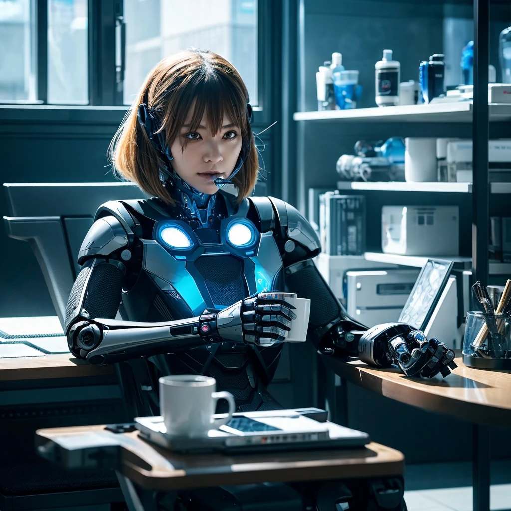 Robot sitting in a chair drinking coffee, society ), society 9, Cyborg movie still, Arita Photos, high definition society, Cyborg Villain movie still, society uhd highly detailed 4k, cyborg movie pictures, Cool stills, Cybernetic, highly sophisticated cyborg  