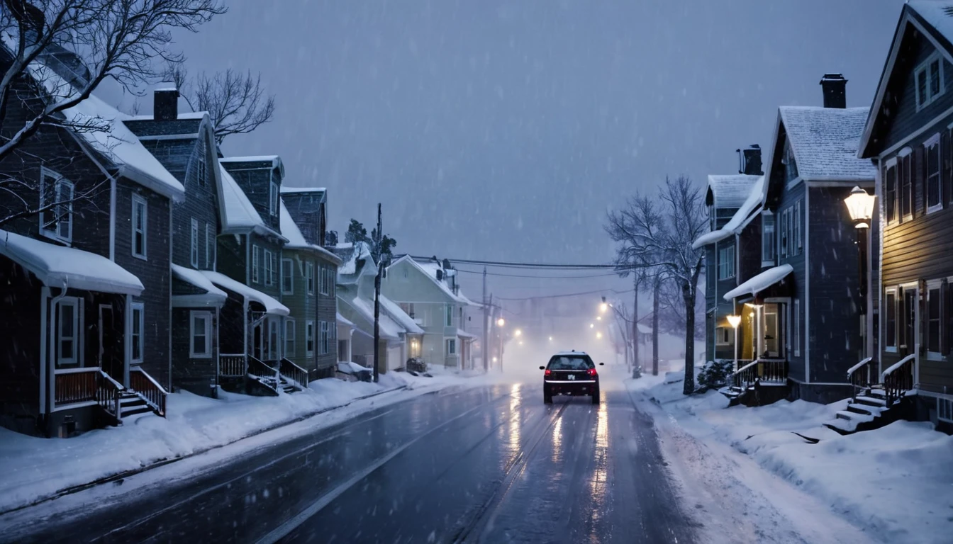 car moving, street with several, houses, blizzard, falling snow, dark night, ominous