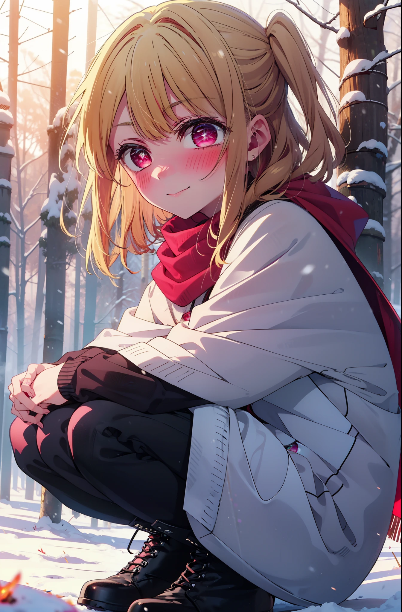 rubyhoshino, Hoshino Ruby, Long Hair, bangs, Blonde, (Pink Eyes:1.3), Side Lock, (Symbol-shaped pupil:1.5), Multicolored Hair, Two-tone hair, smile,,smile,blush,White Breath,
Open your mouth,snow,Ground bonfire, Outdoor, boots, snowing, From the side, wood, suitcase, Cape, Blurred, , forest, White handbag, nature,  Squat, Mouth closed, Cape, winter, Written boundary depth, Black shoes, red Cape break looking at viewer, Upper Body, whole body, break Outdoor, forest, nature, break (masterpiece:1.2), Highest quality, High resolution, unity 8k wallpaper, (shape:0.8), (Beautiful and beautiful eyes:1.6), Highly detailed face, Perfect lighting, Highly detailed CG, (Perfect hands, Perfect ???????),