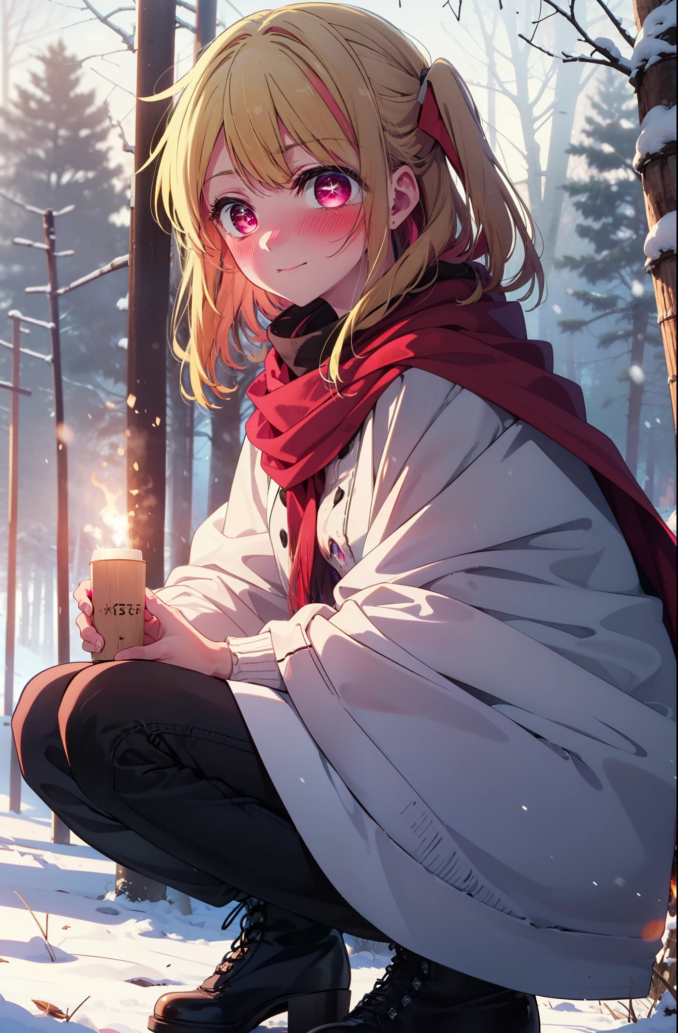 rubyhoshino, Hoshino Ruby, Long Hair, bangs, Blonde, (Pink Eyes:1.3), Side Lock, (Symbol-shaped pupil:1.5), Multicolored Hair, Two-tone hair, smile,,smile,blush,White Breath,
Open your mouth,snow,Ground bonfire, Outdoor, boots, snowing, From the side, wood, suitcase, Cape, Blurred, , forest, White handbag, nature, Squat, Mouth closed, Cape, winter, Written boundary depth, Black shoes, red Cape break looking at viewer, Upper Body, whole body, break Outdoor, forest, nature, break (masterpiece:1.2), Highest quality, High resolution, unity 8k wallpaper, (shape:0.8), (Beautiful and beautiful eyes:1.6), Highly detailed face, Perfect lighting, Highly detailed CG, (Perfect hands, Perfect Anatomy),