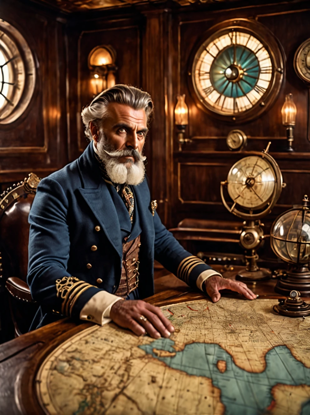 photo focus on male focus, indoors, realistic scenery, (captain nemo:1.1), retro-futuristic,  looking at a map, ocean map, steampunk nautilus-style. very wide shot, character photo portrait, film, professional, 4k