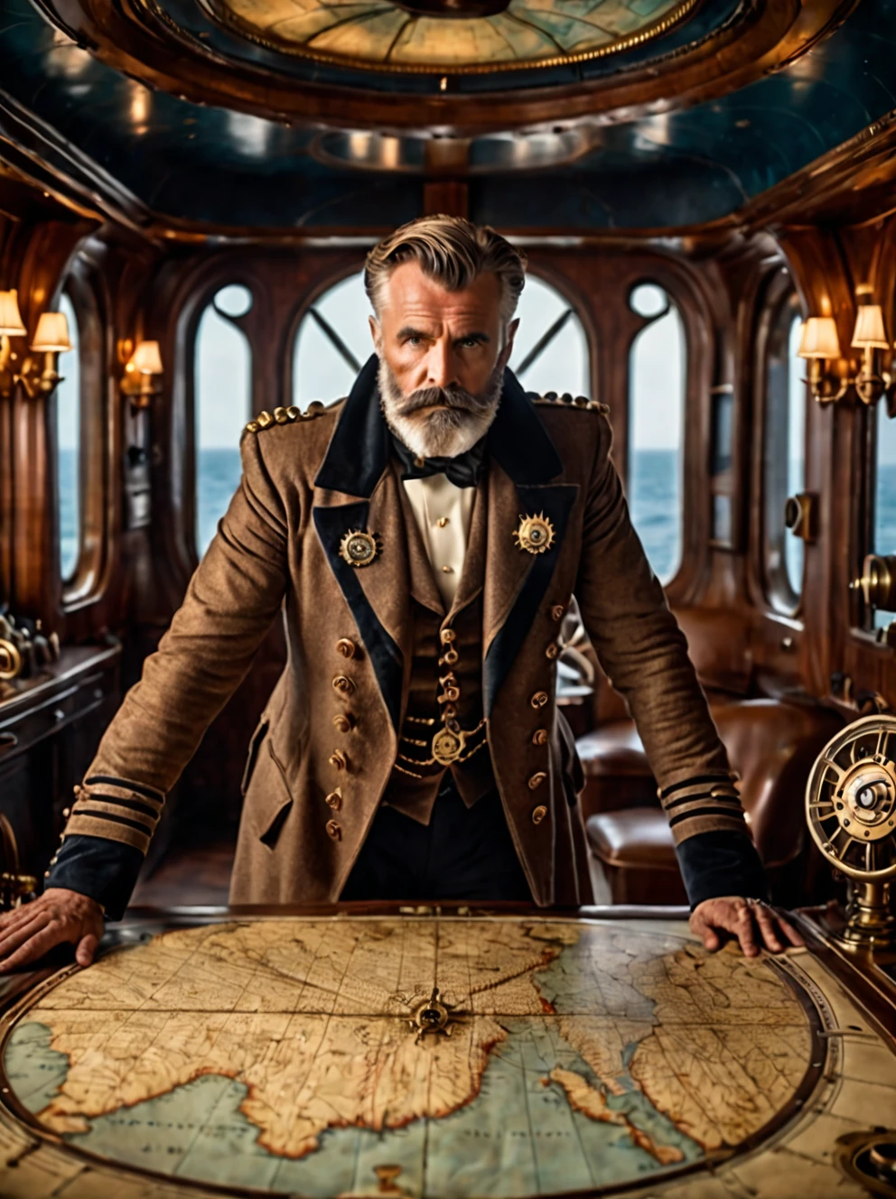 photo focus on male focus, indoors, realistic scenery, (captain nemo:1.1), retro-futuristic, looking at a map, ocean map, steampunk nautilus-style. very wide shot, character photo portrait, film, professional, 4k