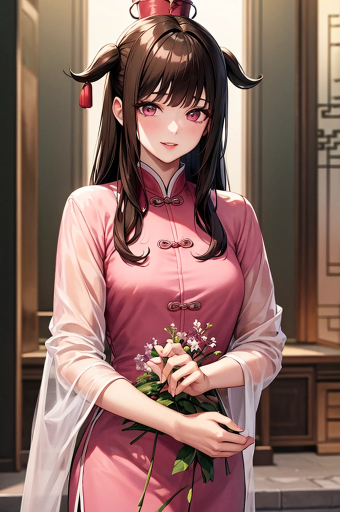 masterpiece, Highest quality, Waterfront, banquet, 1 female, Mature Woman, elegant, Chinese style, ancient China, younger sister, Royal younger sister, Happy, Meatball Head, Light brown hair, Pink Eyes, Gorgeous hat, Light pink lips, Pink clothes, thread-like clothes, intellectual, Full Bang, Flat bangs, Flower Ball, Delicate face,Updo