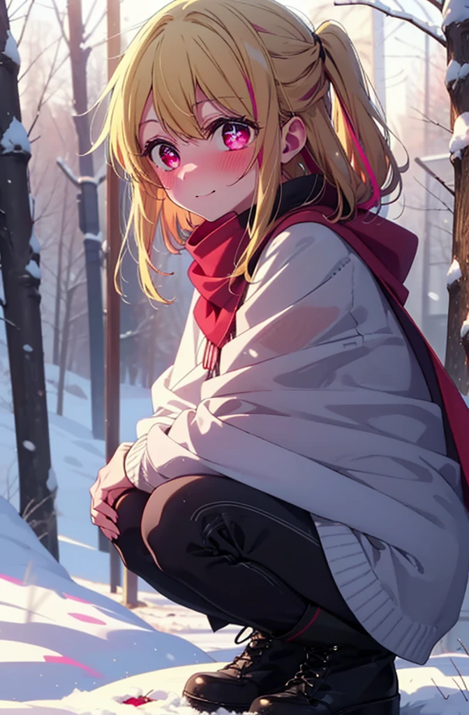 rubyhoshino, Hoshino Ruby, Long Hair, bangs, Blonde, (Pink Eyes:1.3), Side Lock, (Symbol-shaped pupil:1.5), Multicolored Hair, Two-tone hair, smile,,smile,blush,White Breath,
Open your mouth,snow,Ground bonfire, Outdoor, boots, snowing, From the side, wood, suitcase, Cape, Blurred, , forest, White handbag, nature,  Squat, Mouth closed, Cape, winter, Written boundary depth, Black shoes, red Cape break looking at viewer, Upper Body, whole body, break Outdoor, forest, nature, break (masterpiece:1.2), Highest quality, High resolution, unity 8k wallpaper, (shape:0.8), (Beautiful and beautiful eyes:1.6), Highly detailed face, Perfect lighting, Highly detailed CG, (Perfect hands, Perfect Anatomy),
