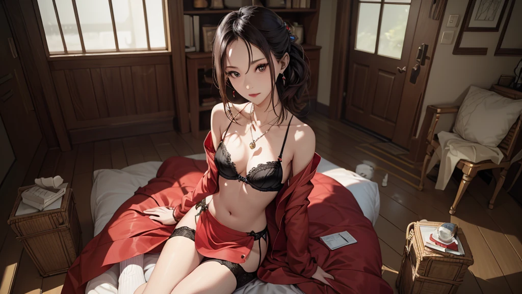 ((Biologically correct limb count))、((Full Body Shot, Full-body photo including face、Head to toe photos))、4K、masterpiece、((Focus on the face))、((Symmetrical  features))、Eyes of meticulous depiction、One beautiful woman、Excellent style、（(Red  and 、Black garter stockings、High heels with anklets、Tight dress with bobble skirt)）、Detailed Description、Small earrings、necklace、High angle、Looking up