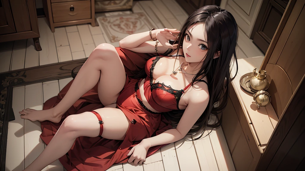 ((Biologically correct limb count))、((Full Body Shot, Full-body photo including face、Head to toe photos))、4K、masterpiece、((Focus on the face))、((Symmetrical facial features))、Eyes of meticulous depiction、One beautiful woman、Excellent style、((Red panties and bra、Black garter stockings、High heels with anklets、Tight dress with bobble skirt))、Detailed Description、Small earrings、necklace、High angle、Looking up