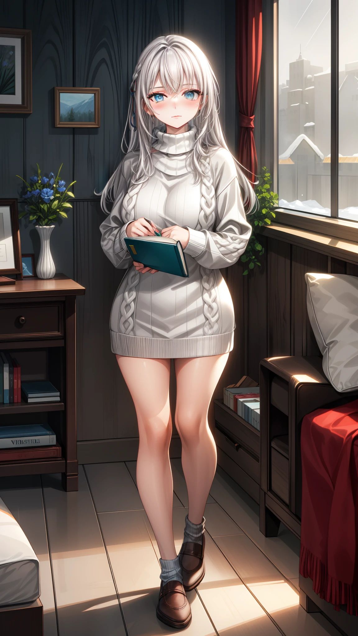 (1girl), (masterpiece), (best quality), ((looking at the viewer)), ((full body)),((facing the viewer)), ((virgin destroyer sweater)), ((White hair))
The stunningly beautiful young woman, with hair as white as freshly fallen snow and eyes deep blue like sapphires, relaxes in a cozy corner of her room, dressed in a captivating "Virgin Destroyer" sweater. The sweater, knitted with intricate patterns in soft, luxurious yarn, drapes elegantly over her exquisite figure, accentuating her slender frame and graceful posture. Her face, framed by the cozy warmth of the sweater's collar, radiates a gentle allure and peacefulness. With a serene expression and a hint of playfulness in her eyes, she enjoys a quiet moment surrounded by the warmth of her favorite books and cherished belongings.