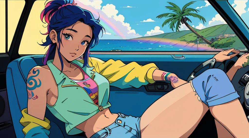masterpiece, Highest quality, Rainbow Style, anime, Beautiful Asian Girl, tattoo, Sitting in a car, 80s American hippie style, Along the Hawaiian Coast, Cute and dreamy,anime,Illustrator,LOFI Girl, ブルース,