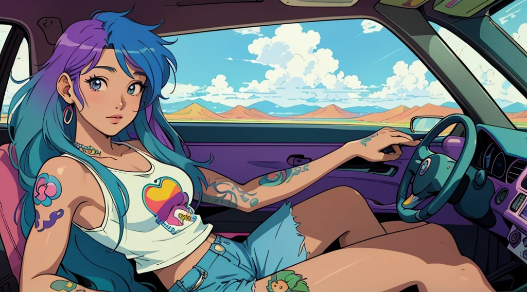 masterpiece, Highest quality, Rainbow Style, anime, Beautiful Asian Girl, tattoo, Sitting in a car, 80s American hippie style, Along the Hawaiian Coast, Cute and dreamy,anime,Illustrator,LOFI Girl, ブルース,