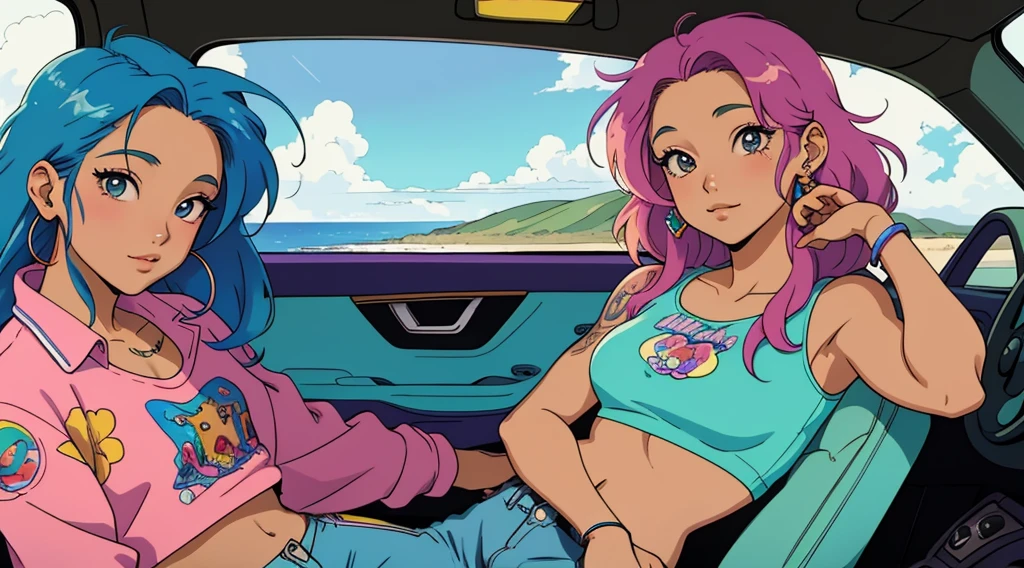 masterpiece, Highest quality, Rainbow Style, anime, Beautiful Asian Girl, Sitting in a car, 80s American hippie style, Along the Hawaiian Coast, Cute and dreamy,anime,Illustrator,LOFI Girl,