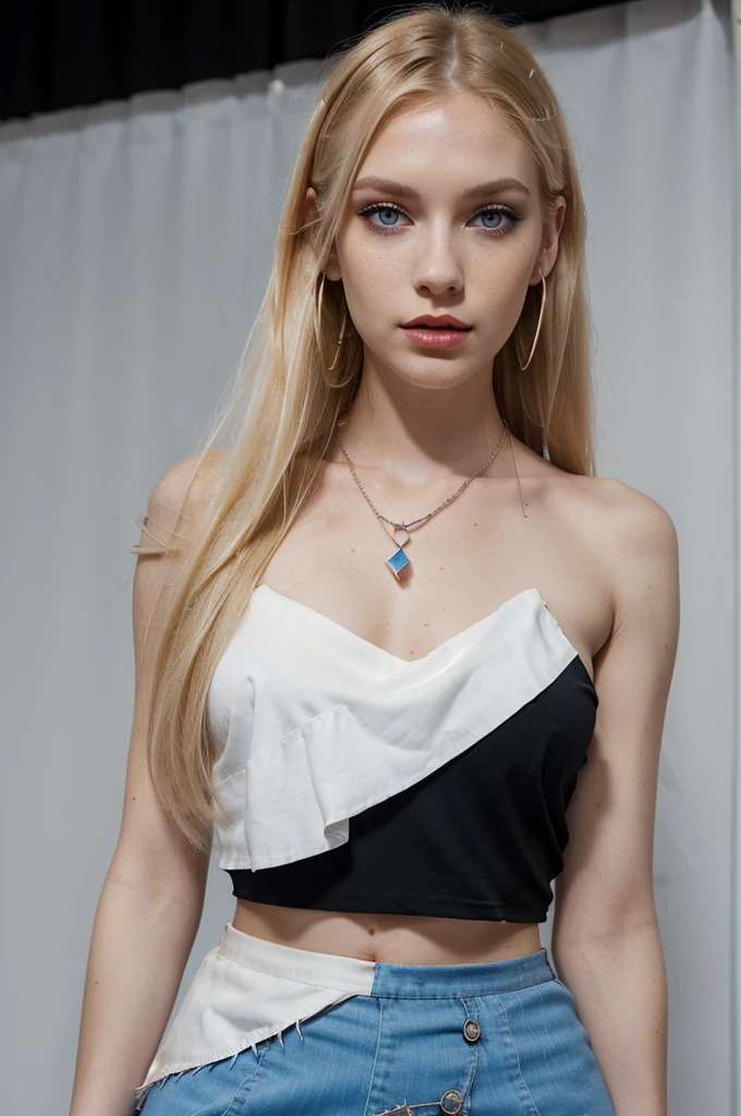 Beautiful skinny girl, elongated face and thin chin, freckles, blonde, blue eyes, bold dark red lipstick and Extra eyeliner and extra eyeshadow, white pale skin, black skirt, top, small nose, huge natural, straight hair with fringe, blonde, long hair, earrings, necklace, semi-transparent top