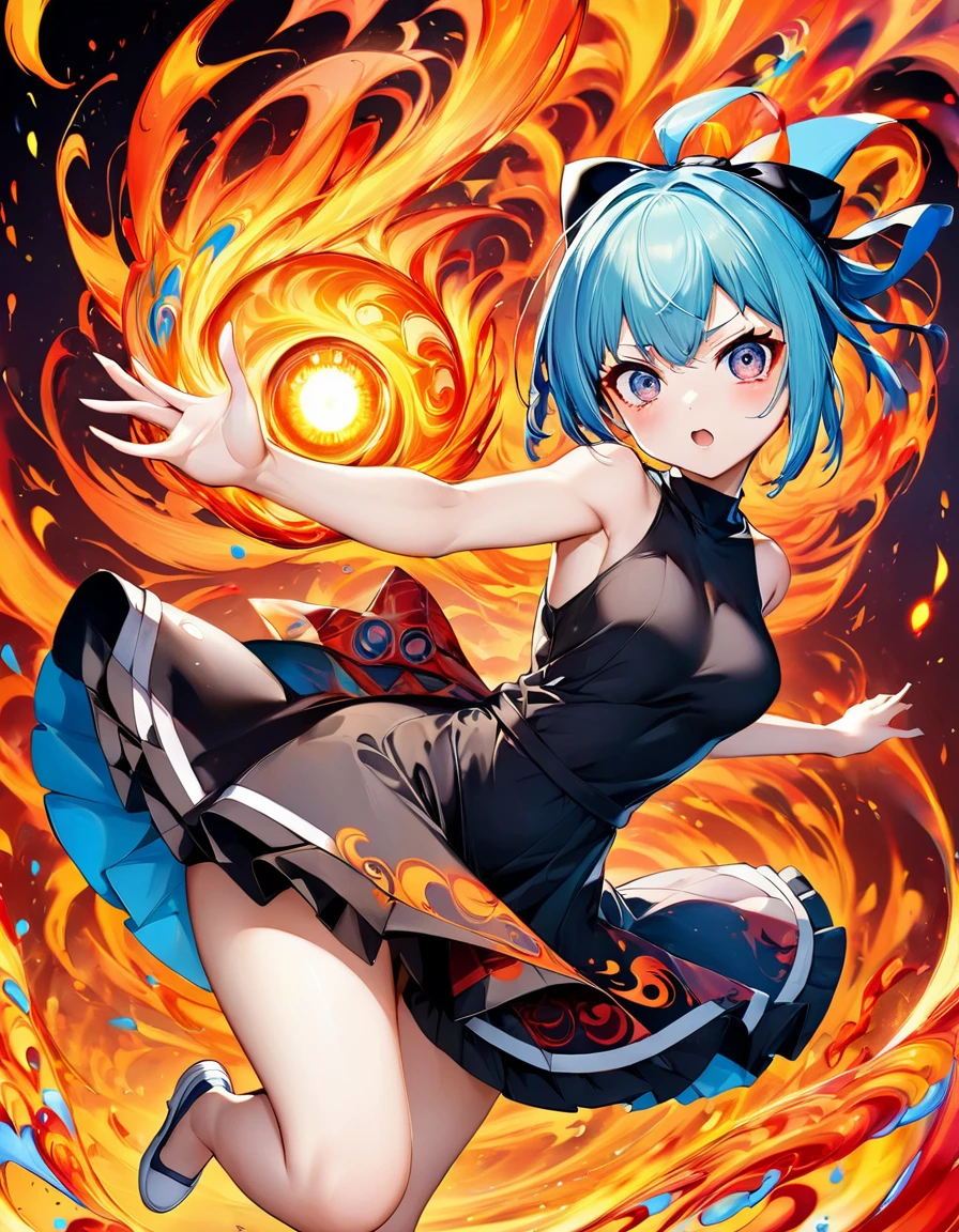 Decalcomania black fire, 1woman Sasuke + Bulma   fully body, sexy decote vestido prata big eye blue  dynamic pose, hyperdetail eyes and face, vibrant reds and oranges, swirling flames, dynamic and intense patterns, heat and energy, surreal and powerful elemental scene by Satori Canton🧸