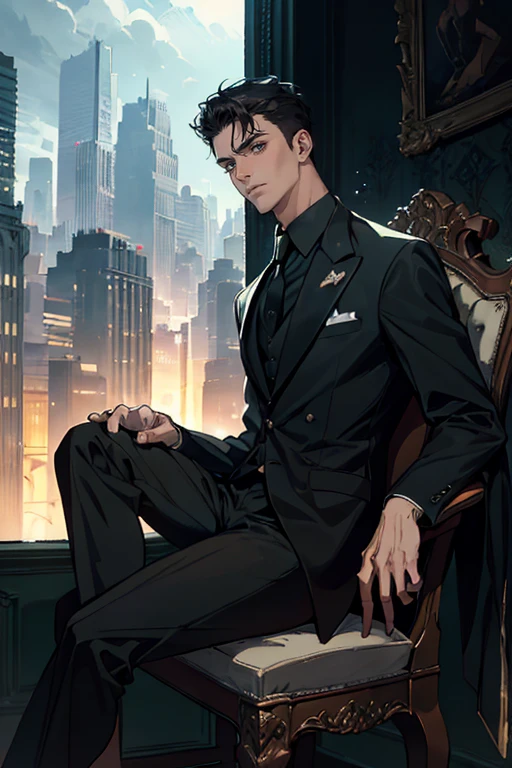 ((One young man with a black suit and tie)), gotham, alejandro, (((side swept dark short hair))), (dark green eyes and thick eyebrows), smirk, ((20 years old)), ((masterpiece)), posture dynamic, ((cinematic lighting)), (height tall around 5 foot 6), sitting on the chair