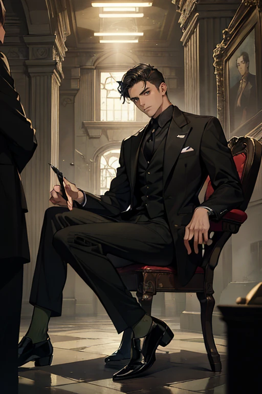 ((One young man with a black suit and tie)), gotham, alejandro, (((side swept dark short hair))), (dark green eyes and thick eyebrows), smirk, ((20 years old)), ((masterpiece)), posture dynamic, ((cinematic lighting)), (height tall around 5 foot 6), sitting on the chair