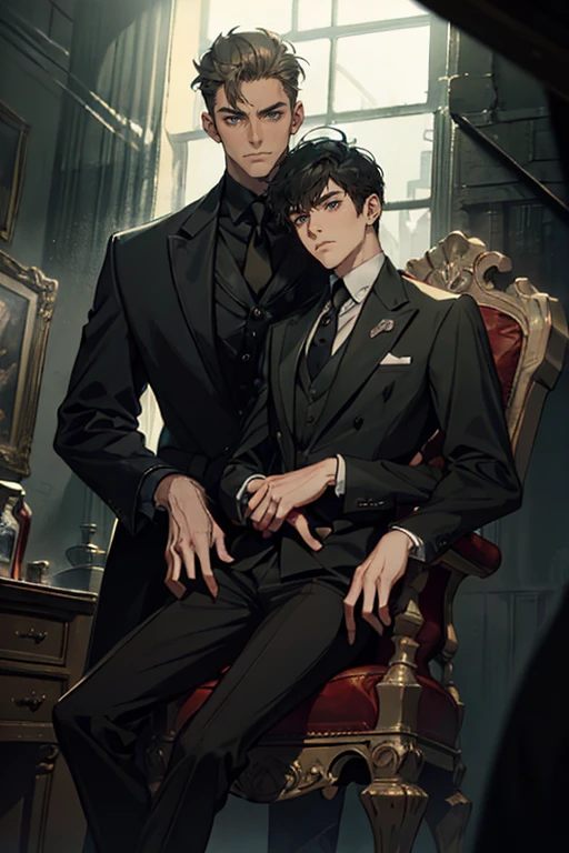 ((One young man with a black suit and tie)), gotham, alejandro, (((side swept dark short hair))), (dark green eyes and thick eyebrows), smirk, ((20 years old)), ((masterpiece)), posture dynamic, ((cinematic lighting)), (height tall around 5 foot 6), sitting on the chair