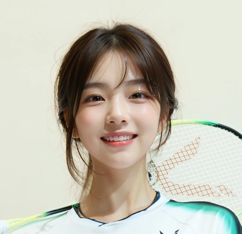 (In reality, high resolution:1.3, masterpiece, 8K, best quality, studio shoot, photo realistic:1.4, photography), korean girl looking at camera,smile,((Dark Brown Hair)), Detailed skin, Detailed Lips, Detailed eyes, normal hand, simple background