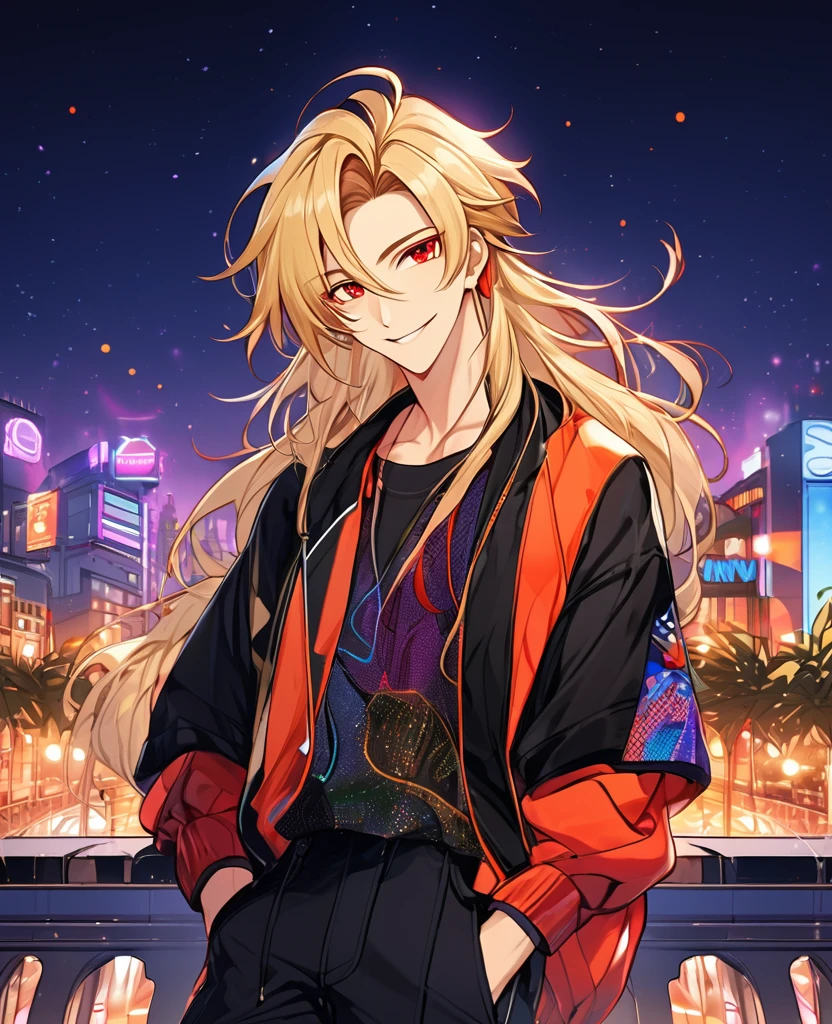  (Blonde_hair),(long_male_hair), (red_vibrant_eyes), (detailed_eyes), (warm_smile), (attractive), (background_colorful_night_city), (male), (detailed_Hair), (detailed), (wears_90's_outfit) 