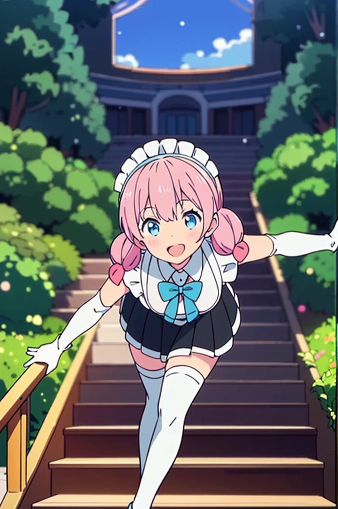 (super fine illustration:1.2),(Masterpiece, 8k), (Best Quality, high quality:1.4), perfect anatomy, hyper detailed, ultra detailed,Masterpiece background,beautiful fondo detallado, v8k wallpaper,perfect design,award-winning art,atmospheric,


BREAK,   1 beautiful girl, Alone,(beautiful:1.5),(Chibi:0.8), (kawaii:1.5),(:0.5), BREAK, (girl, beautiful, happy, face, medium breasts:1.2),(pink hair,short tousled twin tails,fictional,gold eyes:1.2),glowing skin,clear skin, chest neckline,beautiful , glowing skin,clear skin, beautiful skin,( a smile:1.5),(Best Quality face),(Premium bright eyes.),(the best smile,:d:1.45),

BREAK, (white and black theme:1.4), (fusion of (sleeveless white high neck and collared [crop top]) and (black puff sleeves):1.4), (white tops and black short sleeves:1.2), (wearing a White half apron over a black skirt:1.4), (waist girdle:1.3), (White half apron), ((white maid head-band with ruffles on head, white wing on head):1.3), (white thigh high stockings:1.4), ((white arm warmers, long white glove):1.3), (black high heels:1.2),
BREAK (light blue theme:1.2), (light blue lines on the skirt:1.3), (light blue ribbon bow at neck:1.3), standing, Field, lake, trees, dESCANSO al aire libre,wakame,wakame,wakame,(seeking out,front behind:1.5) 

(climbing stairs:1.5),


BREAK,(blurred background:1.3),(absurd, high resolution, Super detailed art),cell shading,Light color,  optical effect, beautiful pictures, bright glow, mystical atmosphere,(Close-up of girl:1.1), Mystical light particles effect.,manga influence, clean line drawings, 