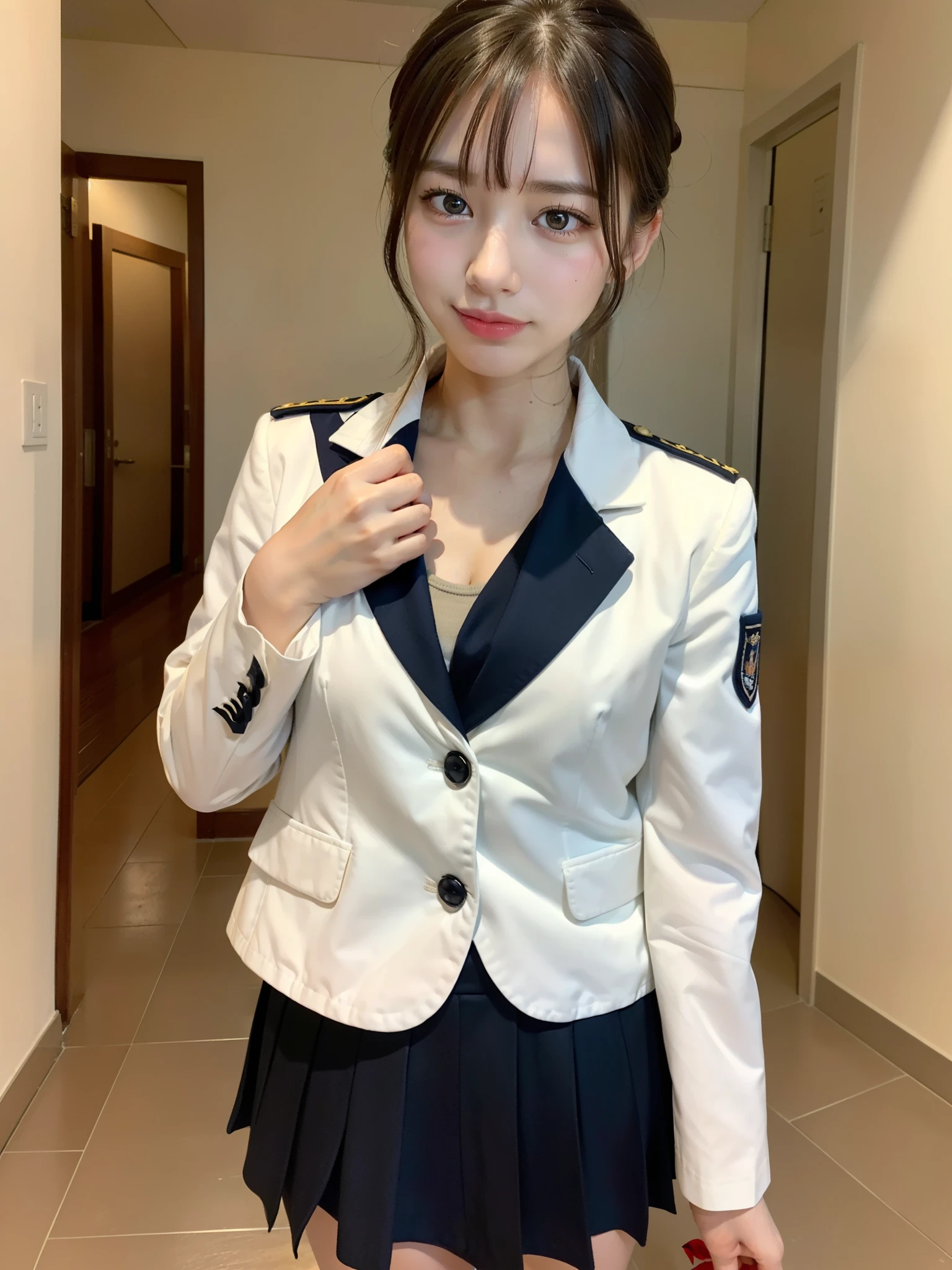 ((Best of the highest quality, 8k, Masterpiece, raw photo: 1.2)), (Sharp focus: 1.2), (1 AESPA, slim body type female, 21 y/o: 1.1), (Solo: 1.28), (realistic, photo-realistic:1.37), face focus, cute face, finely eyes, (droopy eyes: 1.32), (Emphasize prominent aegyo-sal with bright: 1.2), shimmering eyeshadow applied under the lower lash line, paired with thick, (small breasts, flat chest, Thigh: 1.3), (short messy hair, updo, bangs: 1.28), (wearing navy blazer school uniform, skirt: 1.32), (ribbon: 1.1), walking terrace dining, flower, (from below: 1.16)