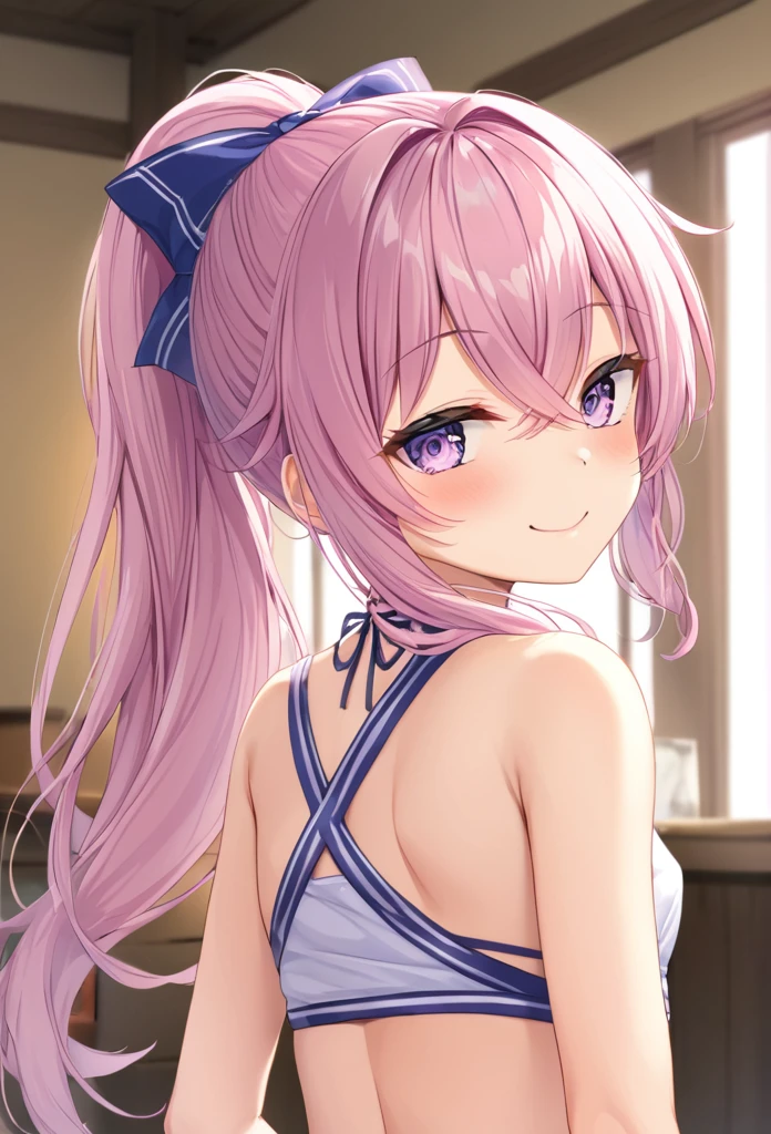 (((masterpiece)))(((Highest quality)))(((8K)))(((4K)))One Little Girl、10 years old、Straight Hair、(Pink Hair)Pink high ponytail、Ribbon on head、Crossed bangs、Light purple eyes、Squint your eyes、((Smile with your mouth closed))、(((かわいいアイドルドレス)))、Small breasts、Diagonally from behind、turn around、Upper Body、Anime Style