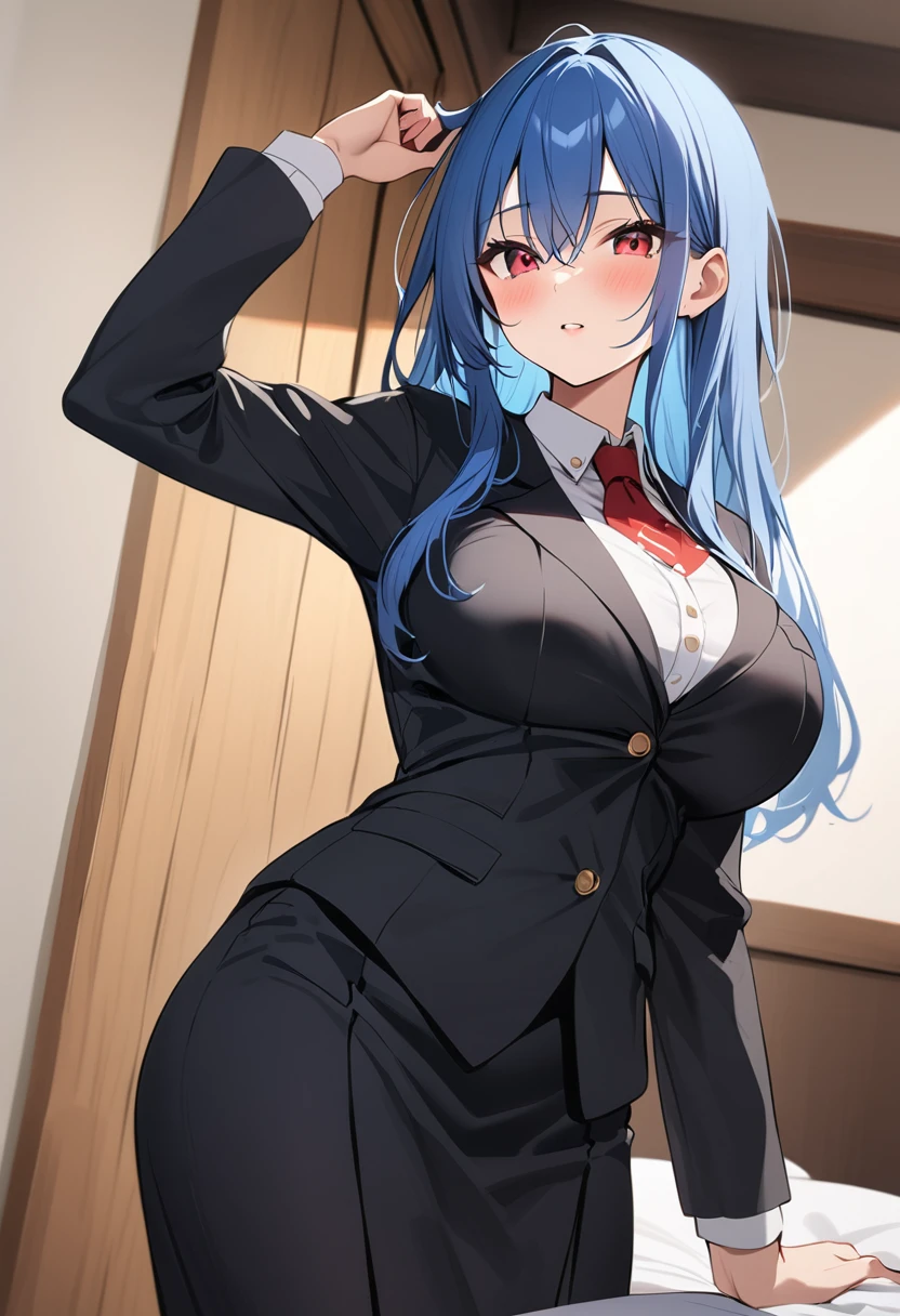 masterpiece、Highest quality、Best image quality、High resolution、Big Breasts、Blue Hair、Red Eyes、Black Uniform、Unbranded uniform