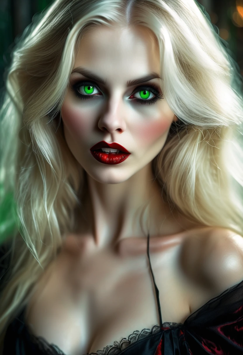 ((a photorealistic portrait of an exquisite, glamour female vampire: 1.5)) , pale face, blond hair, long vibrant shiny hair, glamorous hair, emerald green eyes, deep penetrating eyes, red lips, lustful lips, ((two vampiric fangs: 1.5)), (drops of blood dripping from the mouth: 1.3), ((1920's style: 1.5)), a sense of darkness, a sense of mystery, (highest quality:1.2, Very detailed, up to date, Vibrant, Ultra-high resolution, High Contrast, masterpiece:1.2, highest quality, Best aesthetics), best details, best quality, highres, ultra wide angle, 16k, [ultra detailed], masterpiece, best quality, (extremely detailed), Genetically modified..., Cinematic Hollywood Film, traditional watercolor painting