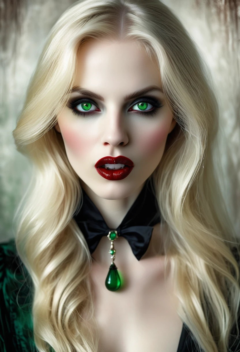((a photorealistic portrait of an exquisite, glamour female vampire: 1.5)) , pale face, blond hair, long vibrant shiny hair, glamorous hair, emerald green eyes, deep penetrating eyes, red lips, lustful lips, ((two vampiric fangs: 1.5)), (drops of blood dripping from the mouth: 1.3), ((1920's style: 1.5)), a sense of darkness, a sense of mystery, (highest quality:1.2, Very detailed, up to date, Vibrant, Ultra-high resolution, High Contrast, masterpiece:1.2, highest quality, Best aesthetics), best details, best quality, highres, ultra wide angle, 16k, [ultra detailed], masterpiece, best quality, (extremely detailed), Genetically modified..., Cinematic Hollywood Film, traditional watercolor painting