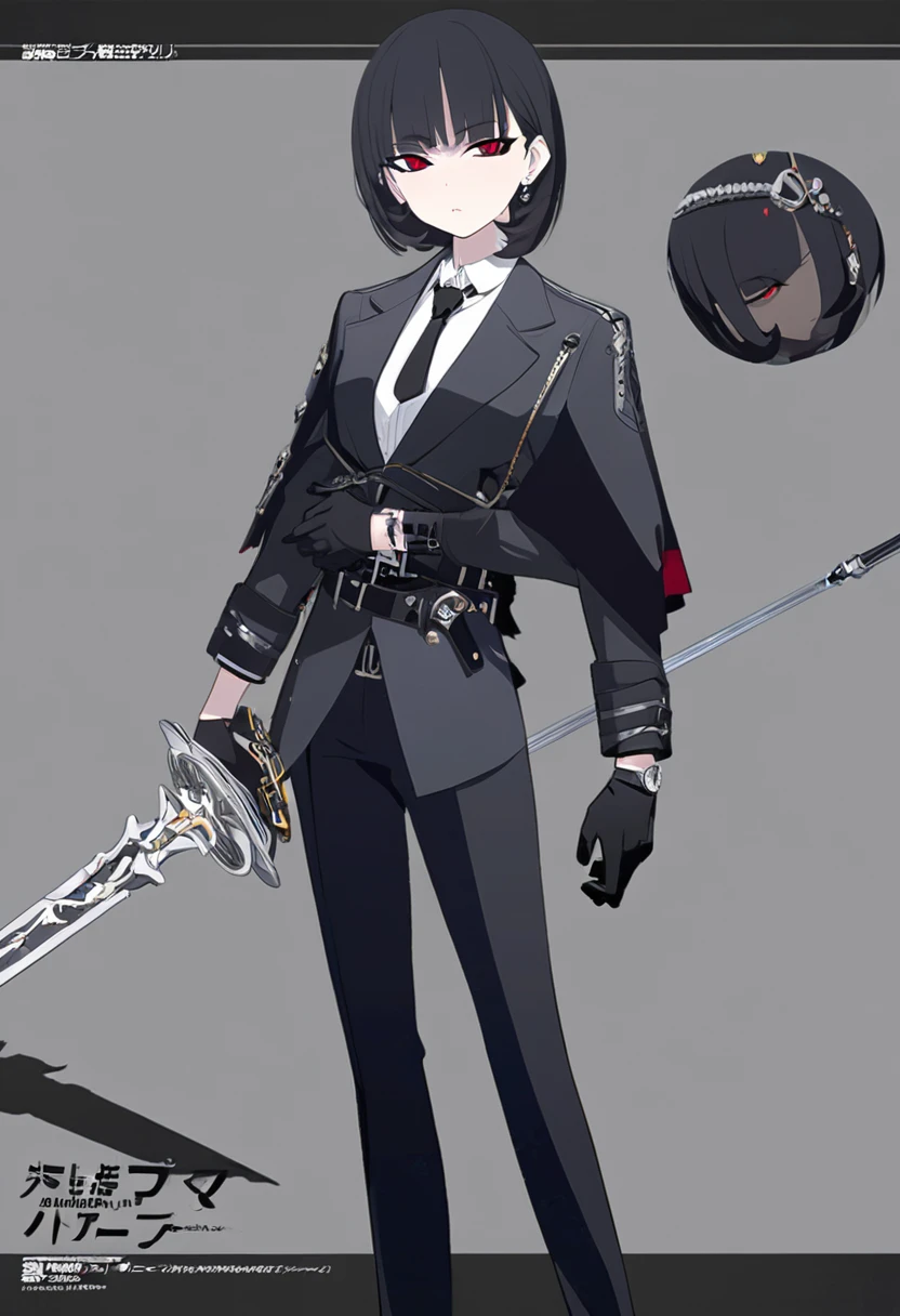 One woman,Dynamic,whole body,Are standing,mysterious,Concept Art,Character Design,Jet black straight hair,The bangs are trimmed to accentuate the eyes.,Well-proportioned face,Sharp Eyes,White shirt,Black tie,Black slacks,Silver cufflinks on the left hand,On the ring finger of her right hand she wears a simple silver ring.。Luxury watches,Black leather shoes,beltでウエストラインを強調,Stylish,Red eyes,belt,Stylish,Simple background gray,Details,Okabo Hair,Half-open eyes,Cool appearance,,Black gloves,Short Hair,Narrow eyes,Accentuated body lines,Has a sword on his waist,