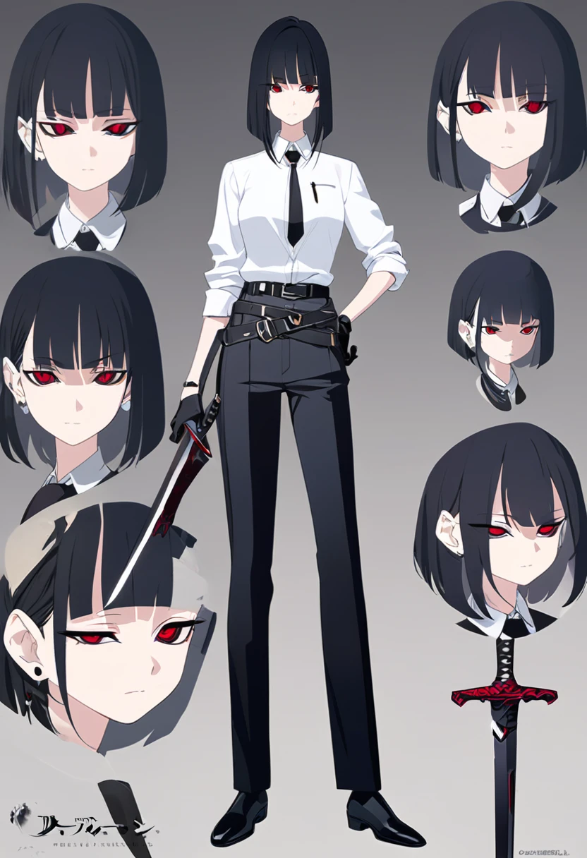 One woman,Dynamic,whole body,Are standing,mysterious,Concept Art,Character Design,Jet black straight hair,The bangs are trimmed to accentuate the eyes.,Well-proportioned face,Sharp Eyes,White shirt,Black tie,Black slacks,Silver cufflinks on the left hand,On the ring finger of her right hand she wears a simple silver ring.。Luxury watches,Black leather shoes,beltでウエストラインを強調,Stylish,Red eyes,belt,Stylish,Simple background gray,Details,Okabo Hair,Half-open eyes,Cool appearance,,Black gloves,Short Hair,Narrow eyes,Accentuated body lines,Has a sword on his waist,