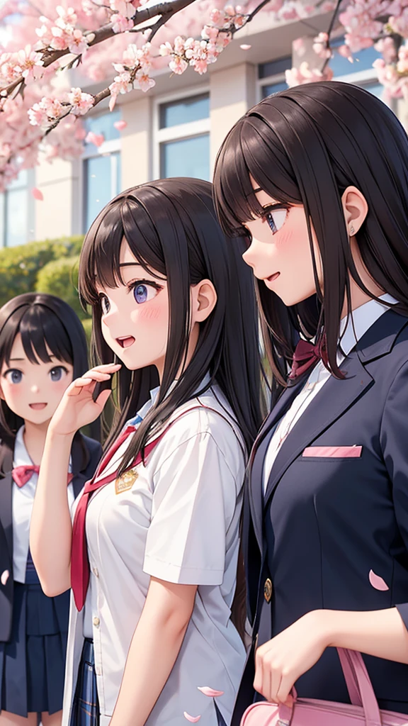 High school girls are excited about the start of a new school term　High school girl, upper body, side profile　The background is a school building with cherry blossom petals falling in the air.　The placement of the high school girls is slightly to the right