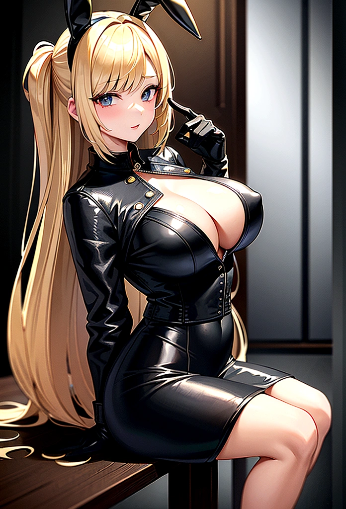 ((masterpiece)), ((best quality)), (ultra-detailed), ((extremely detailed)), 4K, (8K), black skin、Blonde、parted bangs 𝐬𝐡𝐨𝐫𝐭𝐜𝐮𝐭、Hot spring inn、Black leather jacket、Black Shirt、Black Skirt、Gold Bunny Ears