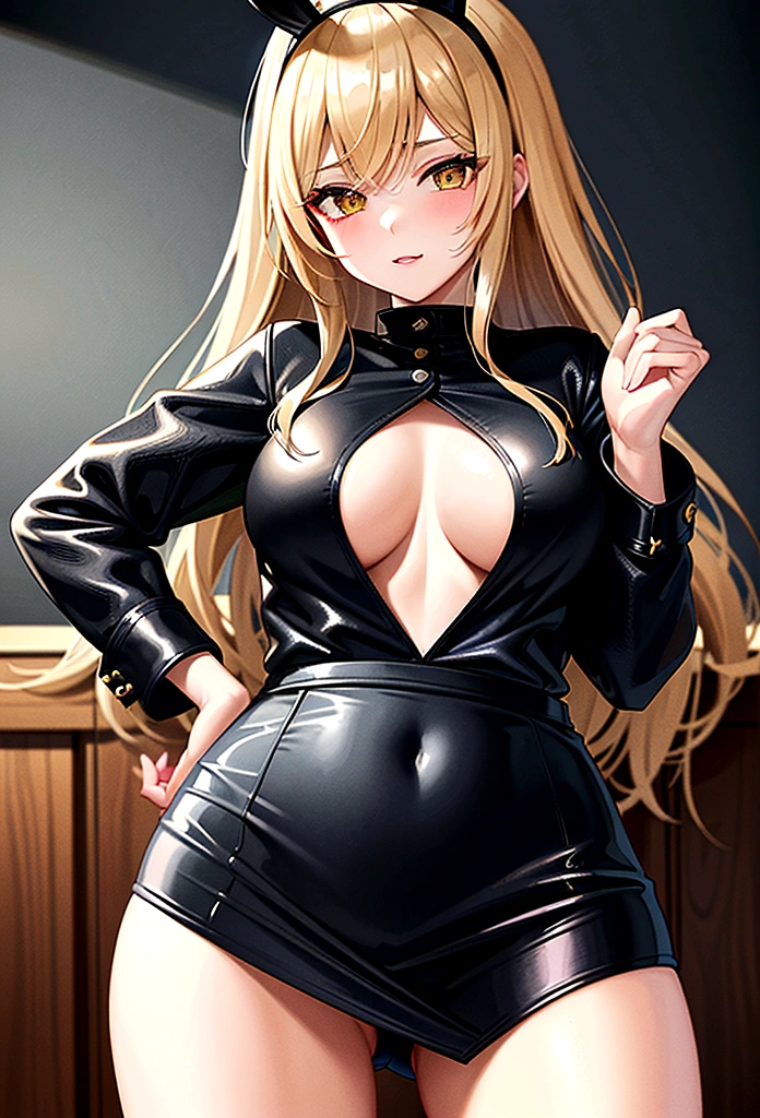 ((masterpiece)), ((best quality)), (ultra-detailed), ((extremely detailed)), 4K, (8K), black skin、Blonde、parted bangs 𝐬𝐡𝐨𝐫𝐭𝐜𝐮𝐭、Hot spring inn、Black leather jacket、Black Shirt、Black Skirt、Gold Bunny Ears