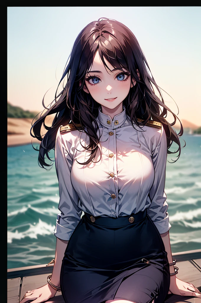 ((Biologically correct limb count))、(( Full body, including face))、4K、masterpiece、((Focus on the face))、((Symmetric, Well-proportioned facial features))、Delicate descriptive eyes、(((1 person)))、Beautiful woman、Excellent style、Slender body、、((Navy blue military uniform、shirt、Check skirt,(High heels with anklets)))、(((Coastal)))、(Smile and smile）、(Close-up photo of the upper body）、High Angle、Photo with white border、night、
